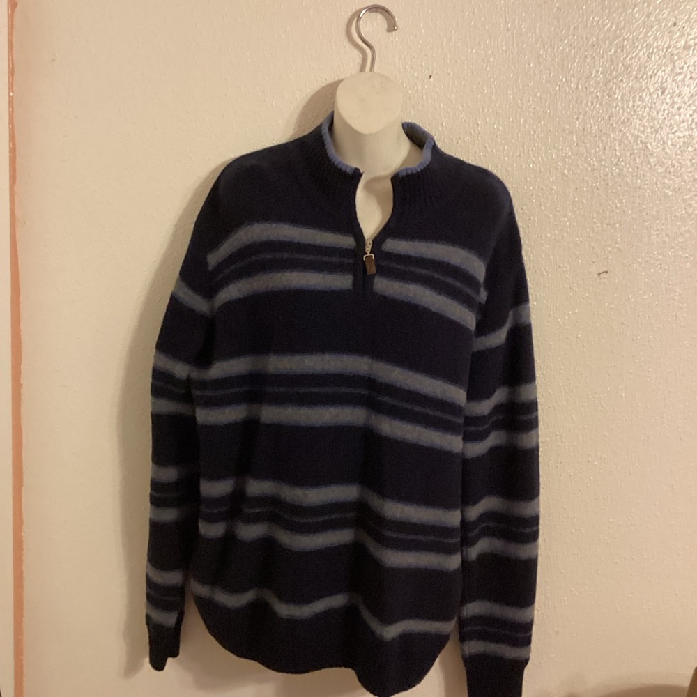 Men's Classic Navy and Gray Striped 1/4 Zip Wool SweaterVtg